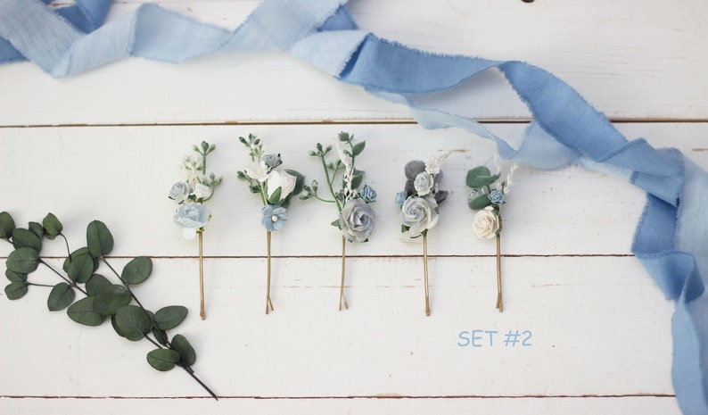 Dusty blue white hairpins/ Flower bobby pins /Floral headpiece/Bridal hairpiece/Flower accessories /Bridesmaid /Pale blue /Wedding hairpiece Set of 5 pins #2