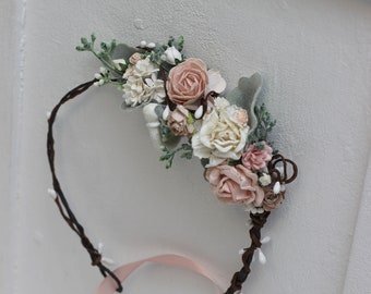 Dusty pink flower crown Bridal flowers Ivory wedding  Baby floral headpiece Flower girl crown Toddler hair wreath Rose headband