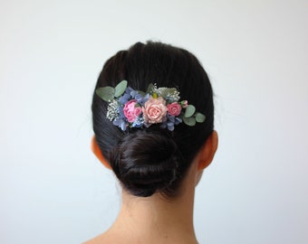 Pink blue flower comb Hair clip Fall wedding Floral headpiece Rustic comb Bridesmaid comb Flower accessories Hair flowers Hair piece
