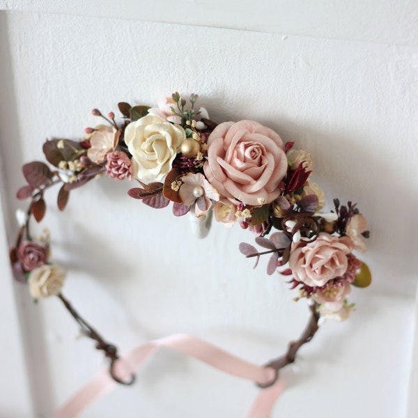 Blush pink ivory gold floral headpiece Floral accessories Wedding crown Bridal wreath  Bridesmaid crown Rose peony crown Hair flowers