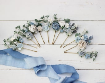 2-5 days to USA Dusty blue white hairpins Flower bobby pins Floral headpiece Bridal hairpiece Flower accessories Bridesmaid Pale blue