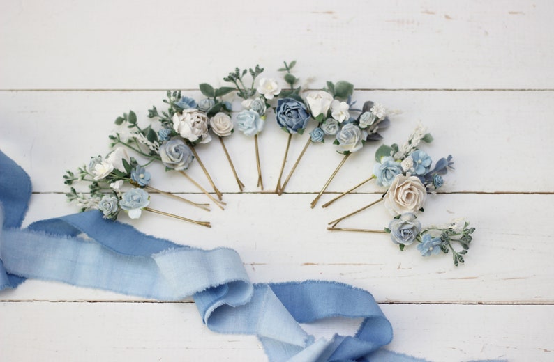 Dusty blue white hairpins/ Flower bobby pins /Floral headpiece/Bridal hairpiece/Flower accessories /Bridesmaid /Pale blue /Wedding hairpiece image 5