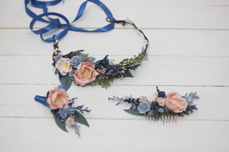 Dusty blue peach wedding set Pale blue flower accessories Etsy