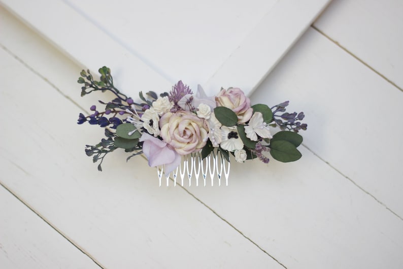 White lilac flower comb Bridal hair clip Eucalyptus floral comb Hair flowers Floral accessory Wedding comb Bridal headpiece Bridesmaid comb image 2