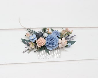 Dusty blue blush pink peach hair comb Flower hairpiece  Floral headpiece Bridal flowers Flower accessories Bridesmaid comb Pale blue wedding