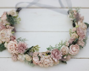 Blush pink beige flower crown Grey Eucalyptus floral headband Bridal hair wreath Wedding halo Maternity Flower girl Bridesmaid crown