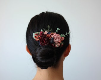 Burgundy blush eucalyptus flower comb Floral headpiece Bridal comb Flower accessories Bridesmaid Deep red Wedding hair piece Navy blue