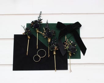 Set of 5 black gold  hairpins  Flower bobby pins Bridal hairpiece  Bridesmaid pins Gothic style Halloween wedding