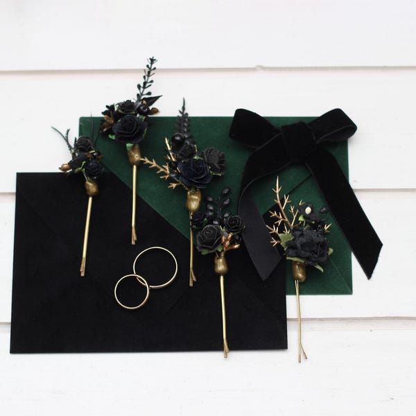 Set of 5 black gold  hairpins  Flower bobby pins Bridal hairpiece  Bridesmaid pins Gothic style Halloween wedding