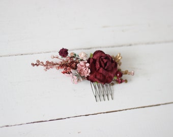 Burgundy gold comb Dusty rose Floral headpiece Bridal comb Flower accessories Bridesmaid Vine  Wedding hair piece Outdoor wedding- 8001