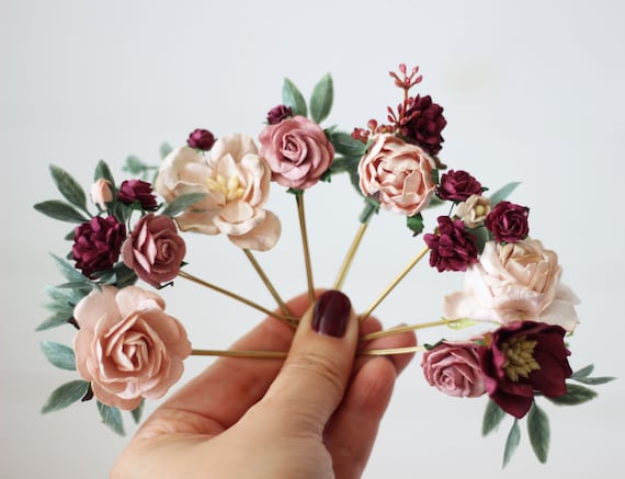 2-5 Days to USA Set of Bobby Pins Burgundy Dusty Rose Blush 