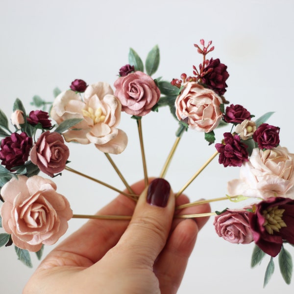 2-5 days to USA Set of 8 bobby pins Burgundy dusty rose blush pink hair pins  Floral pins Bridesmaid pins Wedding bobby pins- ANNA