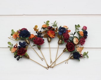 Set of 8 bobby pins Burgundy navy blue rust hair flowers Classic wedding Flower accessories Bridesmaid gift Flower hair pin Floral bobby pin