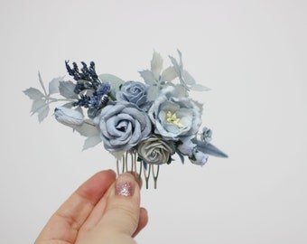 Dusty blue white hair comb Flower hairpiece  Floral headpiece Bridal flowers Flower accessories Bridesmaid comb Pale blue wedding