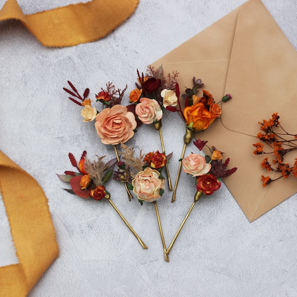 2-5 days to USA Set of 6 bobby pins Rust orange floral pins  Wedding headpiece Fall wedding Bridal hairpiece Bridesmaid pins Flower girl