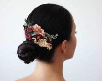 Burgundy beige bridal flower comb Hair clip Fall wedding Floral headpiece Rustic comb Bridesmaid flower accessories Hair flowers Hair piece