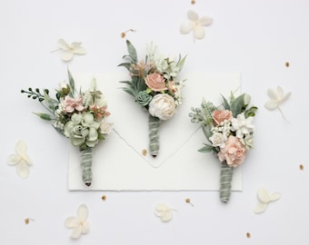 Sage Green & Blush Pink Hochzeit Boutonnieres, Croom, Groomsmen Blumen