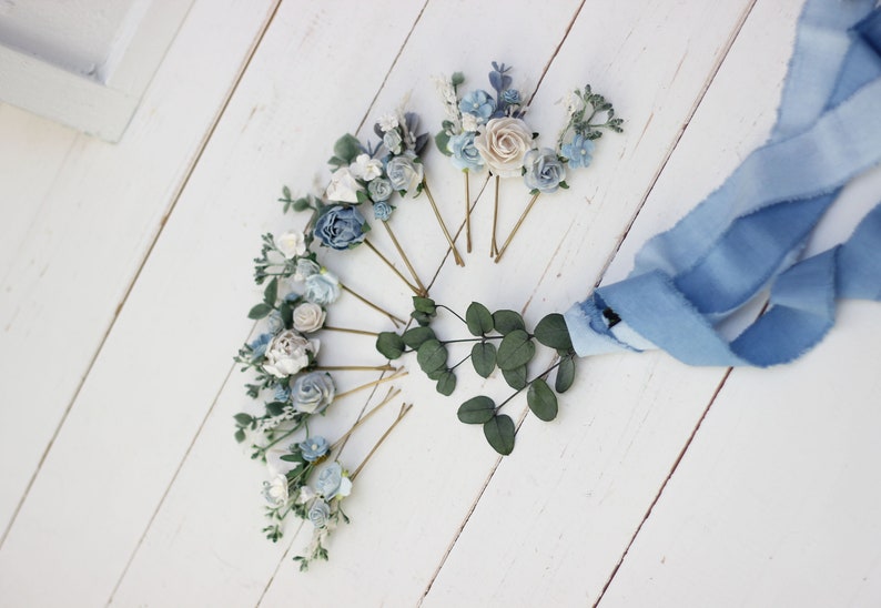 Dusty blue white hairpins/ Flower bobby pins /Floral headpiece/Bridal hairpiece/Flower accessories /Bridesmaid /Pale blue /Wedding hairpiece image 7