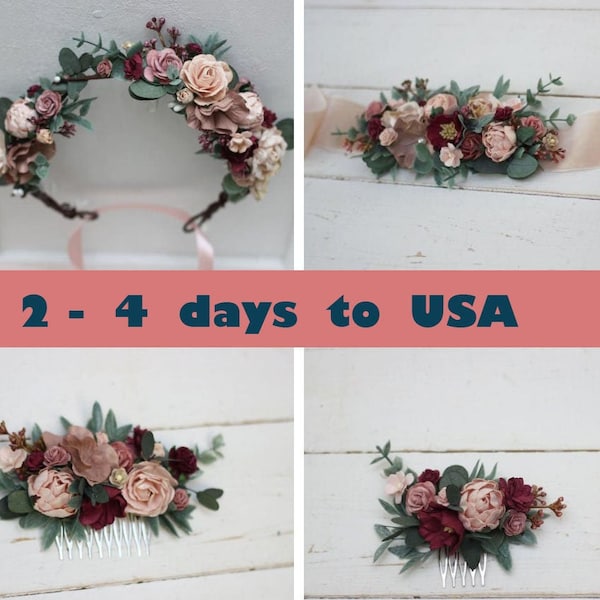 2-5 days to USA Burgundy dusty rose blush pink flower crown Floral bobby pins Bridal hair wreath Maternity Flower girl Bridesmaid-ANNA