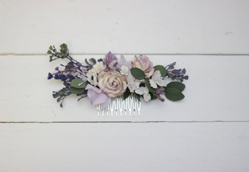 White lilac flower comb Bridal hair clip Eucalyptus floral comb Hair flowers Floral accessory Wedding comb Bridal headpiece Bridesmaid comb image 5