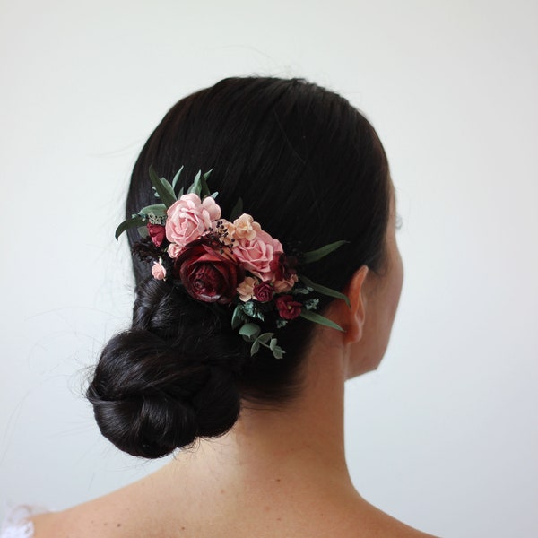 Bridal flower comb Burgundy blush pink Hair clip Fall wedding Floral headpiece Rustic  Bridesmaid flower accessories Hair flowers Hair piece