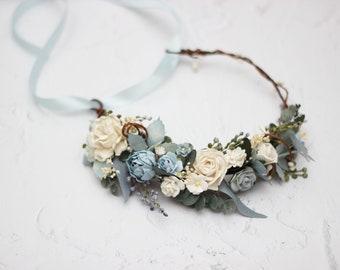 2-5 days to USA Dusty blue  flower crown Wedding hair wreath Pale blue white floral headpiece Flower girl crown Maternity crown