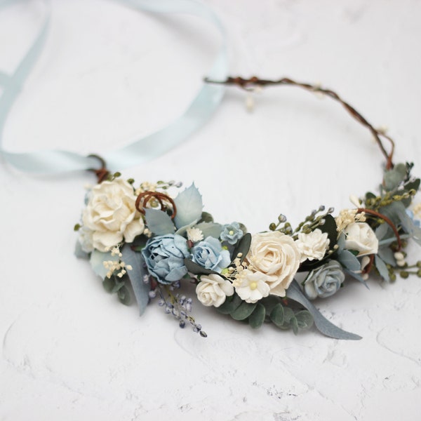 2-5 days to USA Dusty blue  flower crown Wedding hair wreath Pale blue white floral headpiece Flower girl crown Maternity crown