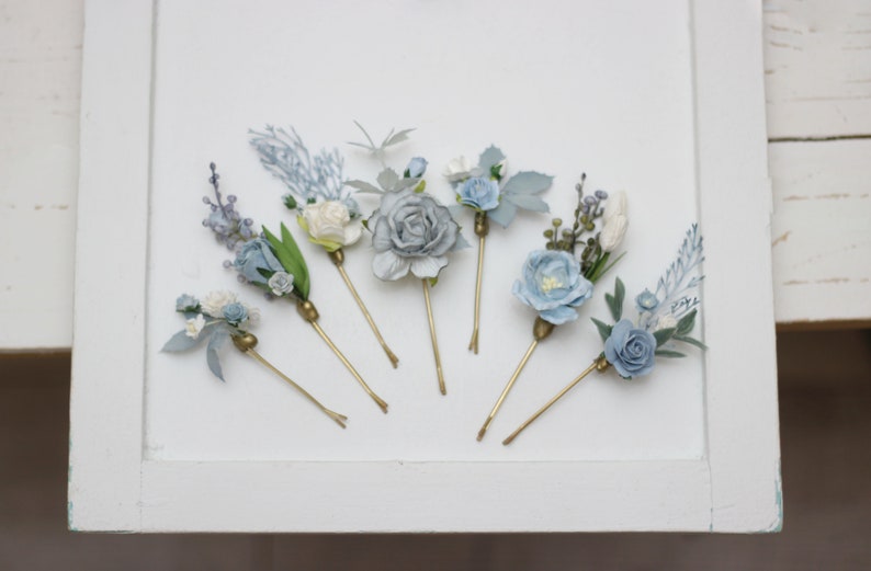 Dusty blue white hairpins/ Flower bobby pins /Floral headpiece/Bridal hairpiece/Flower accessories /Bridesmaid /Pale blue /Wedding hairpiece image 6