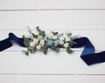 Dusty blue wedding Velvet belt Bridal accessories Bridesmaid sash Floral belt Boho wedding Dress belt Flower girl sash Maternity belt