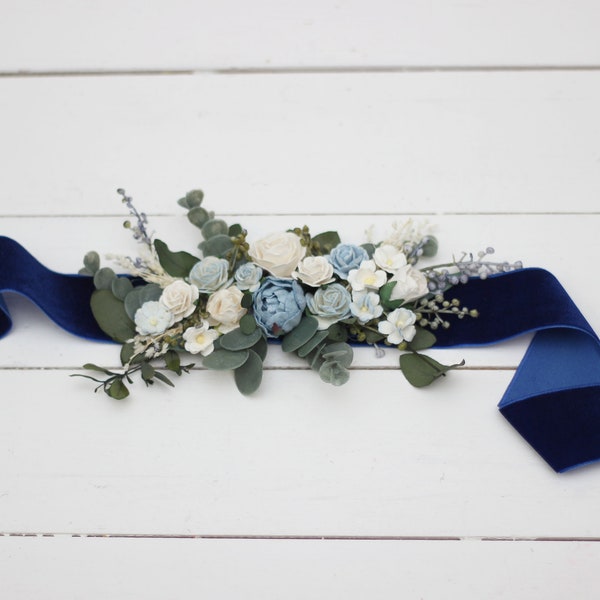 Dusty blue wedding Velvet belt Bridal accessories Bridesmaid sash Floral belt Boho wedding Dress belt Flower girl sash Maternity belt