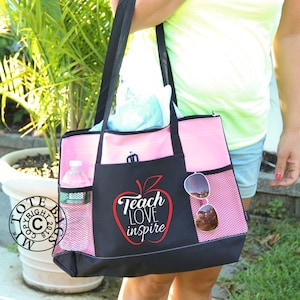 Teacher Tote Bag, Teach Love Inspire  Bag, Teacher Bag, Heavy tote bag, zippered, Heavy canvas, Carryall, School Tote Bag,