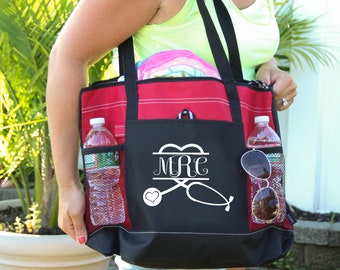 Nurse Stethoscope Heart Bag personalized with monogram, Heavy tote bag, zippered, Heavy canvas, Carryall, Personalized Bag,Nurse Bag