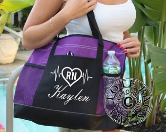 Personalized RN Bag with name, Nurse RN Heart Bag personalized with Name, Heavy tote bag, zippered, Heavy canvas, Carryall, RN Bag