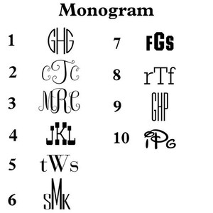 May include: A black and white image showing ten different monogram designs. The designs are numbered 1 through 10. The designs include a variety of letter combinations and styles.