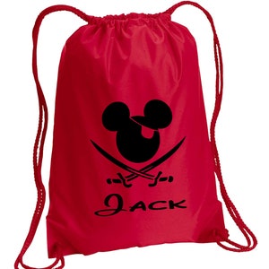May include: Red drawstring bag with a black Mickey Mouse pirate design and the name "Jack" printed on the front.