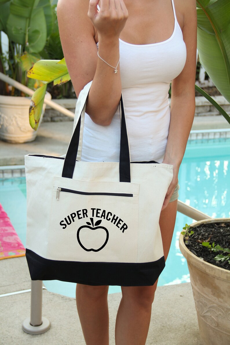 Super Teacher Bag School Bag Heavy Tote Bag Zippered Heavy Etsy