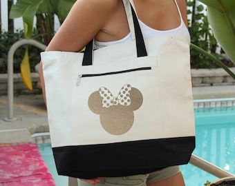 Minnie Mouse Bag, Gold Glitter, Heavy tote bag, zippered main compartment, Heavy canvas, Disney Bag, Minnie Mouse Bag, mickey tote