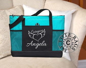 Personalized Caregiver Bag with name, Caregiver  Heart Bag personalized with Name, Heavy tote bag, zippered, Heavy canvas, Carryall,