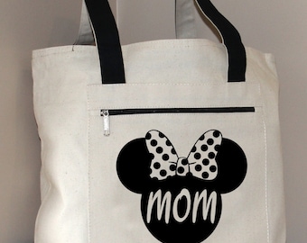 MOM Bag, Heavy tote bag,  zippered main compartment, Heavy canvas, Carryall, Disney World Bag, Minnie Mouse Bag, Mickey tote Bag,