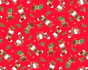 Merry Stockings Red 100% Cotton Fabric FatQuarter