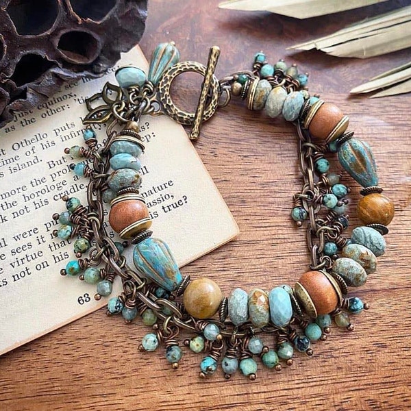 Green turquoise stone, wood, Jasper, and bronze metal, czech glass, wire wrapped, dangle bracelet.