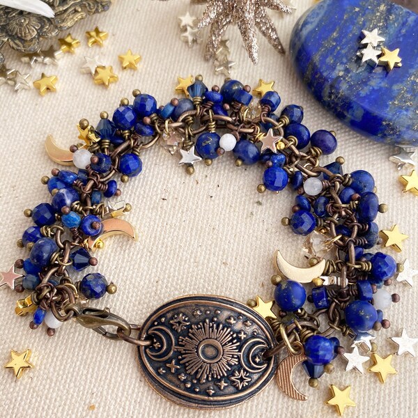 Moon and stars. Handmade bronze metal cuff, lapis lazuli stone, moon, star charms, Austrailian crystals, bracelet , jewelry