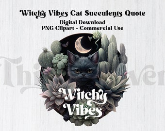 Witchy Vibes Moon Cat Clipart, Mystical Moon style, Celestial Cat, Magical, Witchcraft, Mystical clipart, Suculentas PNG, Descarga instantánea
