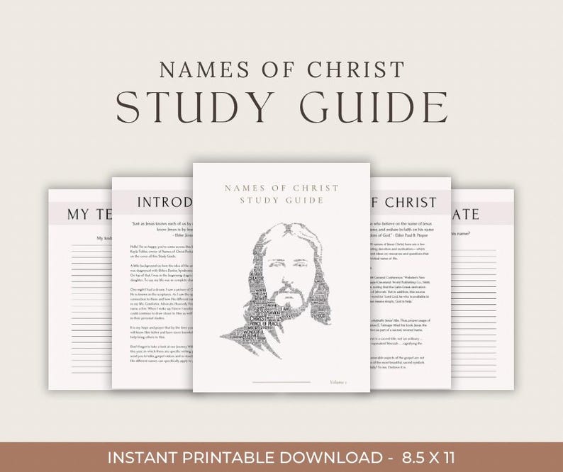 Puede incluir: Gu&iacute;a de estudio imprimible con el t&iacute;tulo "Nombres de Cristo Gu&iacute;a de estudio". La gu&iacute;a incluye una introducci&oacute;n, una secci&oacute;n para tomar notas y una secci&oacute;n para reflexionar sobre los nombres de Cristo. La gu&iacute;a est&aacute; dise&ntilde;ada para imprimirse en papel de 8,5 x 11 pulgadas.
