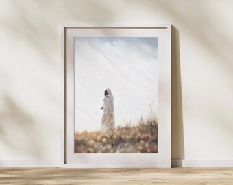 May include: A painting of a person in a white robe walking through a field of tall grass. The sky is bright and there are rays of light shining down.