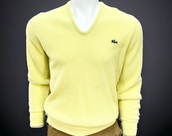 Izod Lacoste Pull à col en V pour homme, taille moyenne 36" jaune pastel vintage des années 1960