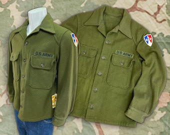 1950s Vintage US Army Cold Weather Wool Utility Uniform Shirt Jacket with Original COMZ European Communication Zone Shoulder Patch Size M 40