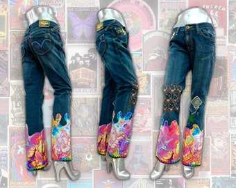 Upcycled Levis Bell Bottom Hippy Jeans with Custom Psychedelic Embroidery, 1970s Vintage Style Boho Super Low Rise Boot Cut Festival Denim