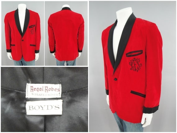 Vintage 1960s Satin Red Velvet Smoking Jacket by R