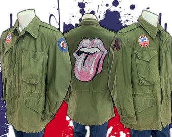 Vintage US Army Surplus Green Field Jacket, Mod Hippy Style with 1960s - 1970s Classic Rock Band Patches, Mens Size Medium 40-42